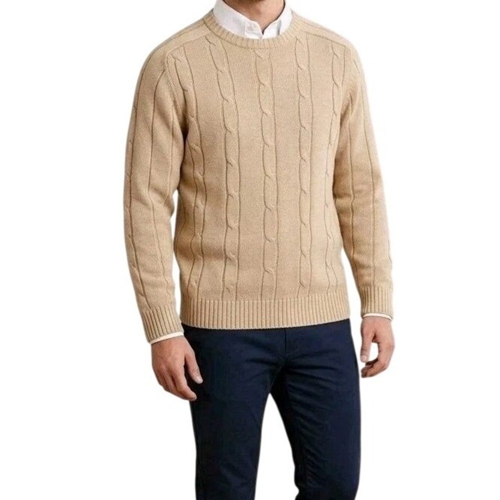 Oscar‎ de la Renta Mens Large Cotton Cable Knit Crewneck Sweater Ribbed